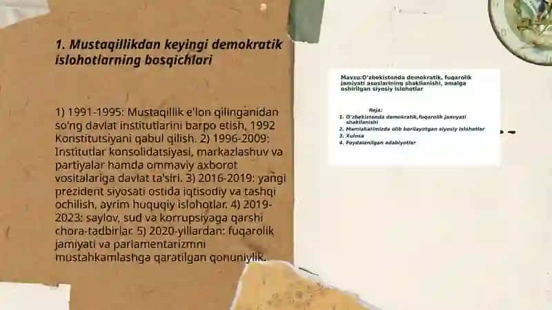 O‘zbekistonda demokratik, fuqarolik jamiyati va asoslarining shakllanishi, amalga oshirilgan siyosiy islohotlar 3