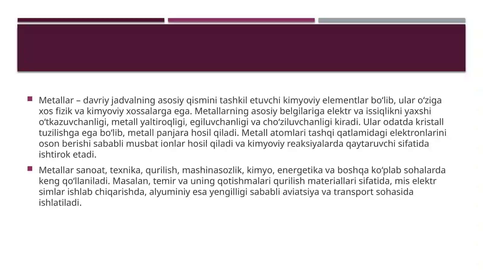 “Metallarning xossalariga qarab sinflanishi – Metallurgiya muhandisligiga kirish fanidan mustaqil ish (PPTX)” 3
