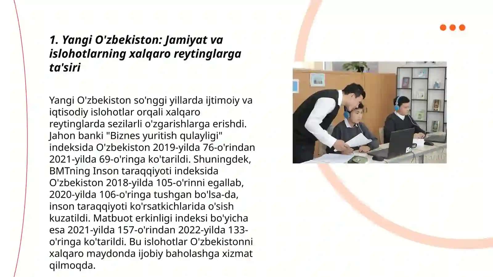 Yangi O'zbekiston ijtimoiy-siyosiy, iqtisodiy va madaniy hayotida ro'y berayotgan o'zgarishlarning xalqaro reyting va indekslarda aks etishi 3