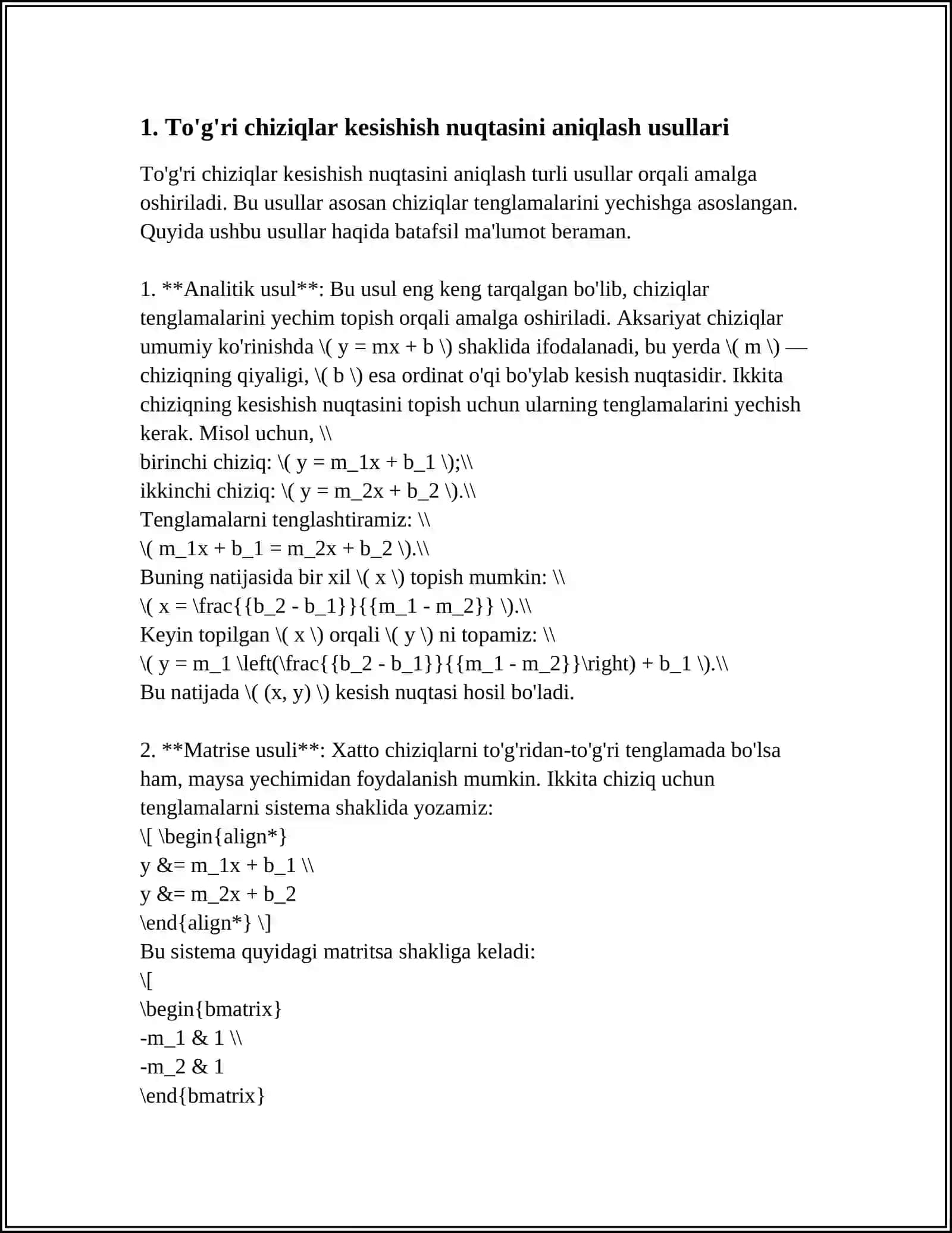 TOGRI CHIZIQLARNING KESISHISH NUQTASI VA UNI TOPISH USULLARI 3