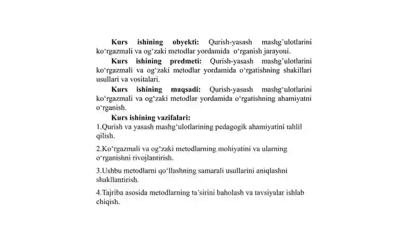 QURISH-YASASH MASHGʻULOTLARINI KOʻRGAZMALI VA OGʻZAKI METODLAR YORDAMIDA OʻRGATISHNING NAZARIY ASOSOSLARI 3