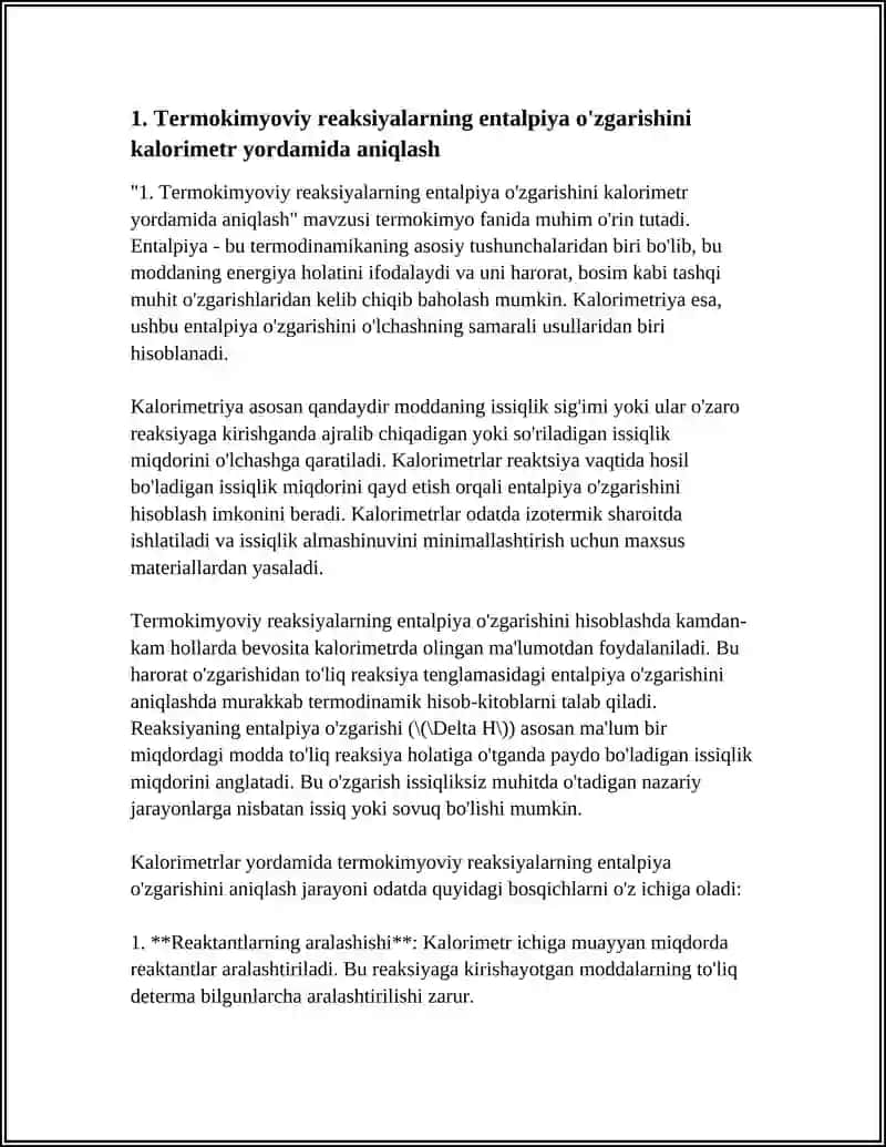 "TERMOKIMYO" MAVZUSIDA MUSTAQIL ISH 3