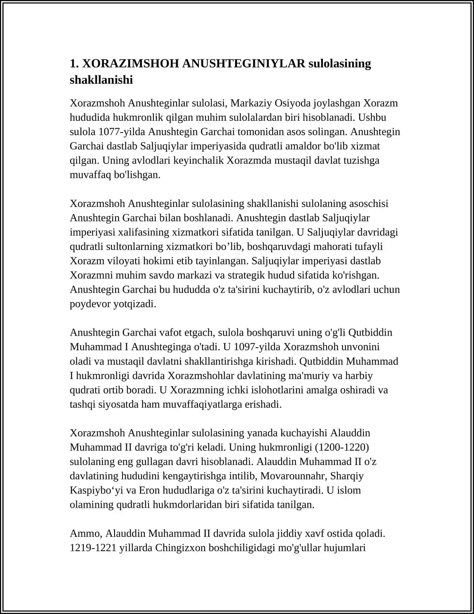 XORAZIMSHOH ANUSHTEGINIYLAR SULOLASINING HOKIMIYAT TEPASIGA KELISHI 3
