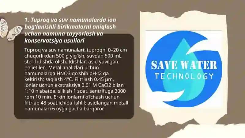 Tuproq va suvning ifloslanishida ion bogʻlanishli birikmalarni aniqlab ulardan tozalash usulini ishlab chiqish 3