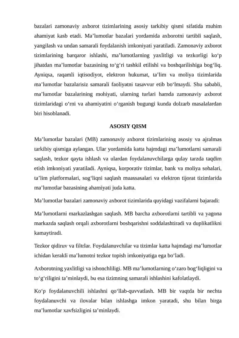 MA’LUMOTLAR BAZALARINING ZAMONAVIY AXBOROT TIZIMLARIDAGI AHAMIYATI 3