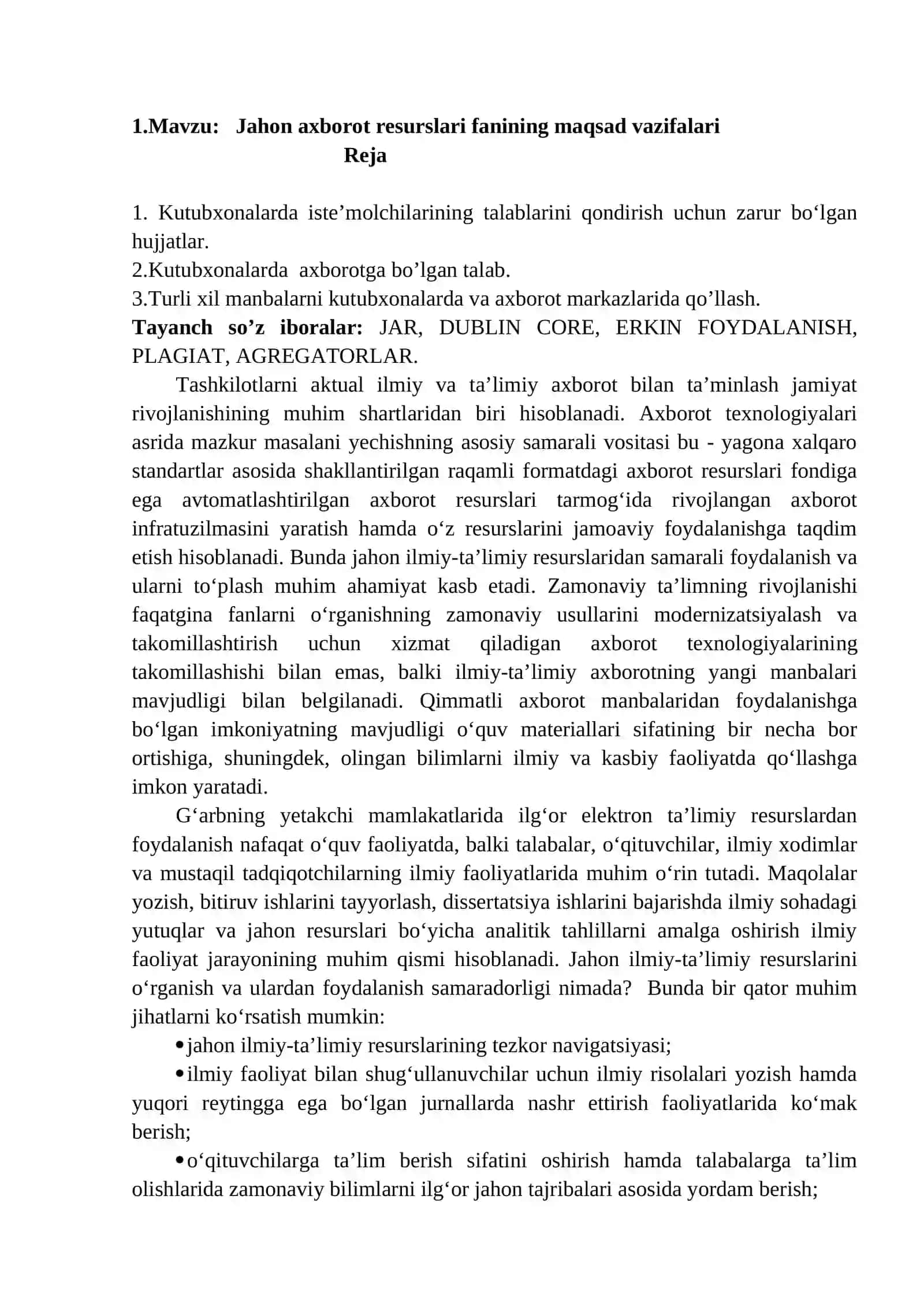 Jahon axborot resurslari fanining maqsad vazifalari 3