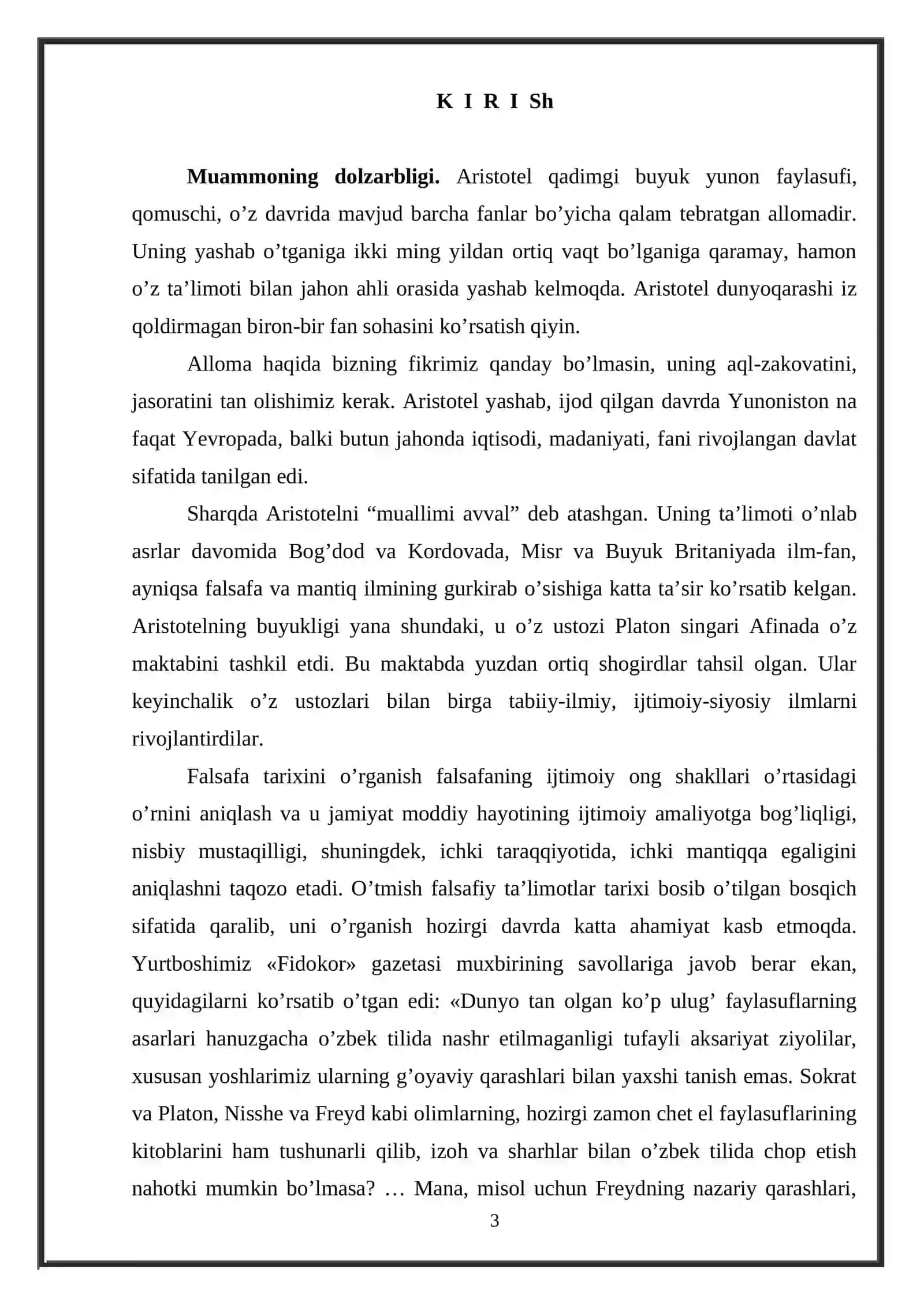 ARISTOTELNING BORLIQ HAQIDAGI TA’LIMOTINING SHARQQA TARQALISHI MAVZUSIDAGI KURS ISHI 3