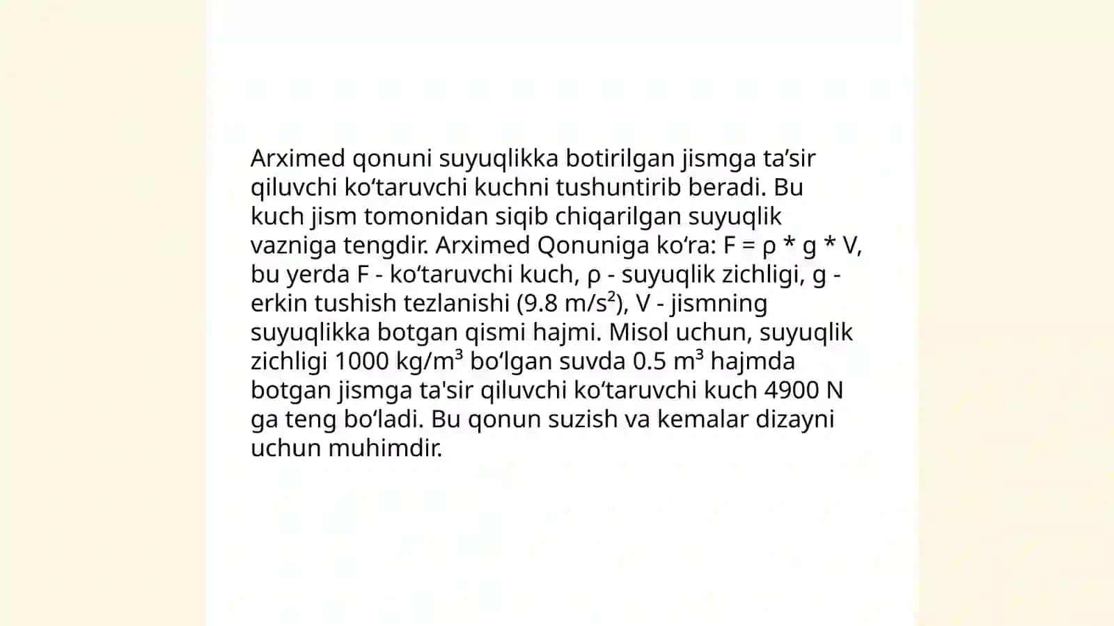 Arximed qonuni va suyuqlikda suzish 3