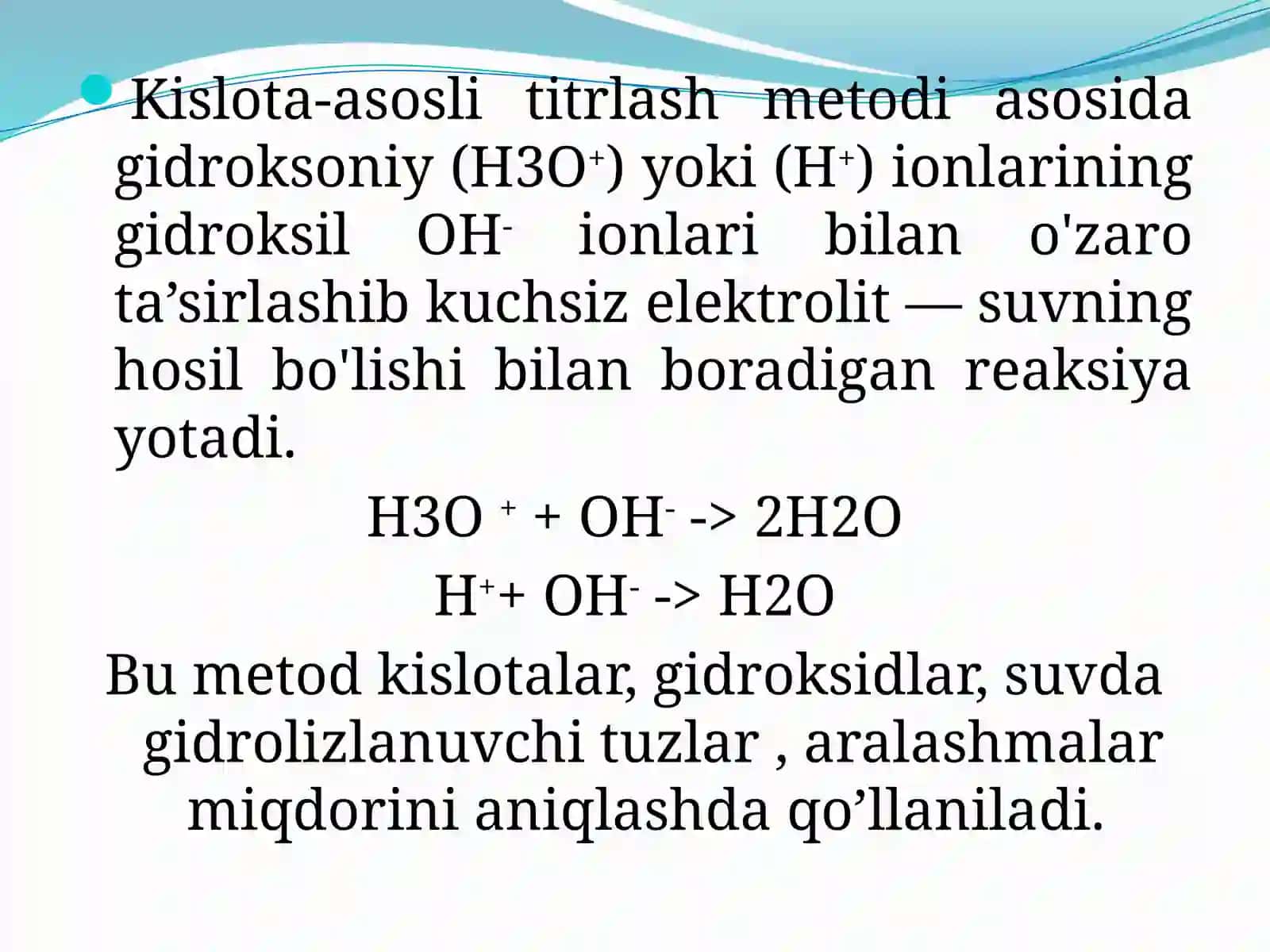 Kislota va asoslarni titrlash metodining mohiyati va qo’llanish sohasi 3