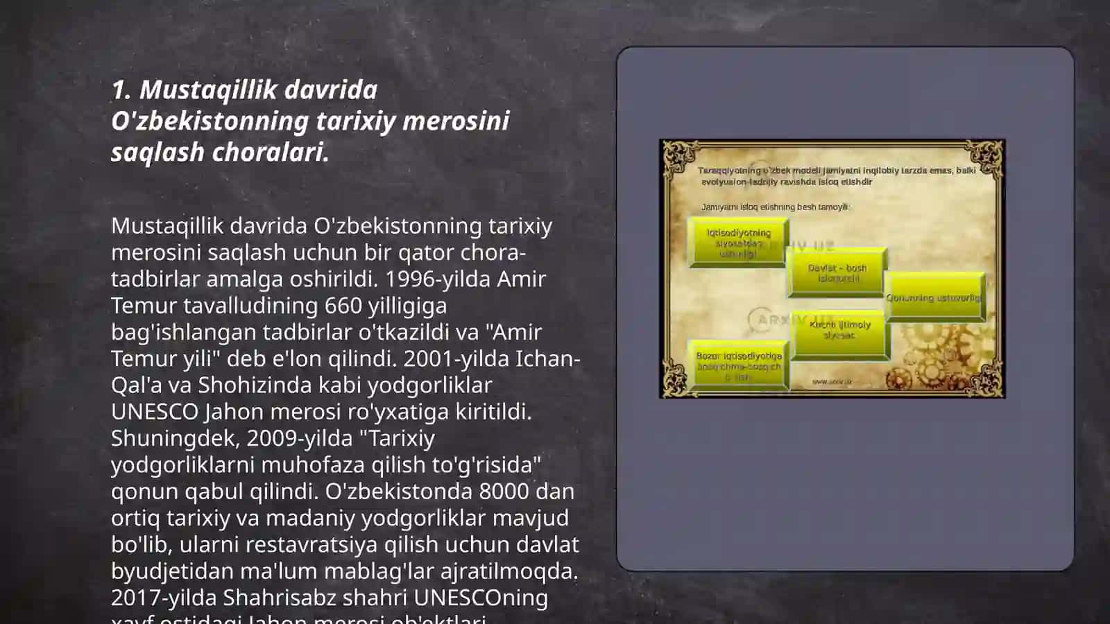 O'zbekistonning Tarixiy va Madaniy merosning tiklanishi va rivojlanishi (1991-2024yillar) 3