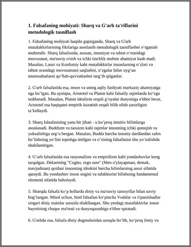 FALSAFANING MOHIYATIGA OID SHARQ VA G'ARB MUTAFAKKIRLARI TA'RIFLARINI TASNIFLASH VA ULAR BO'YICHA 3