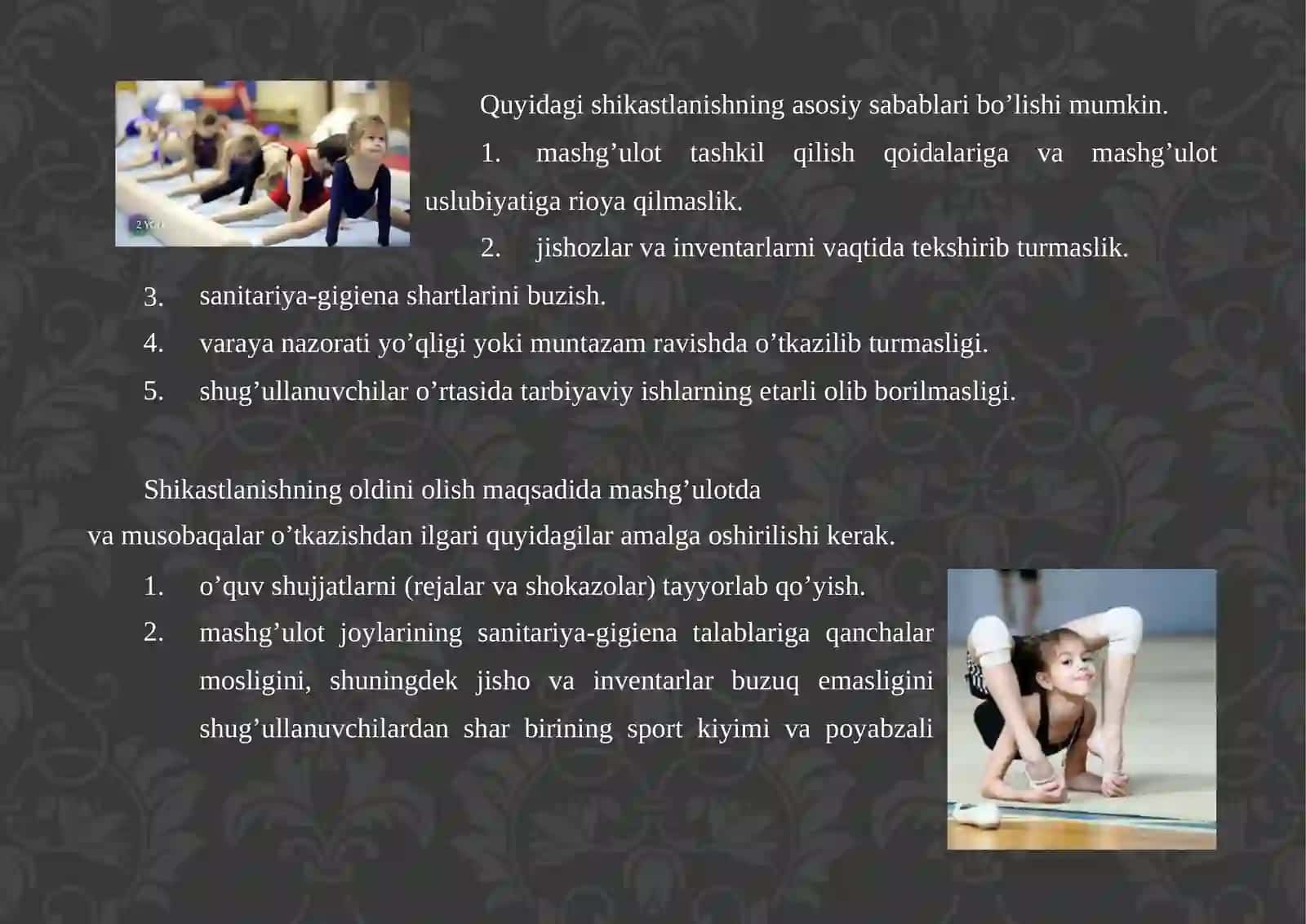 Gimnastikamashg’ulotlarida shikaslanishni oldiniolish va xavfsizlik qoidalari 3