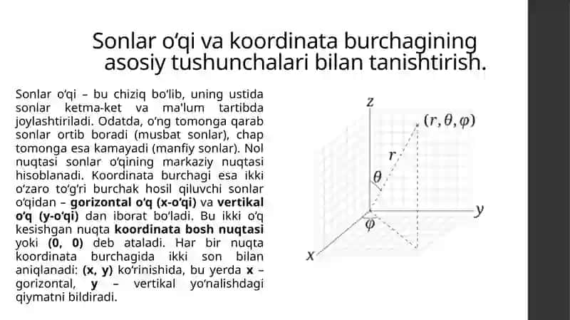 SONLAR O'QI, KOORDINATA BURCHAGI BO'YICHA  MASALALAR TANLASH VA TAYYORLASH 3