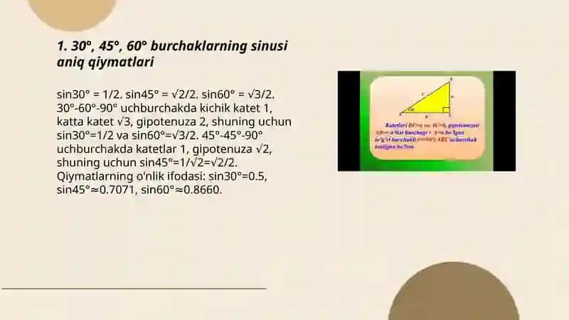 Geometriya:30°,45°,60° li burchaklarning sinus, kosinusi, tangensi va kotangensini hisoblash 3