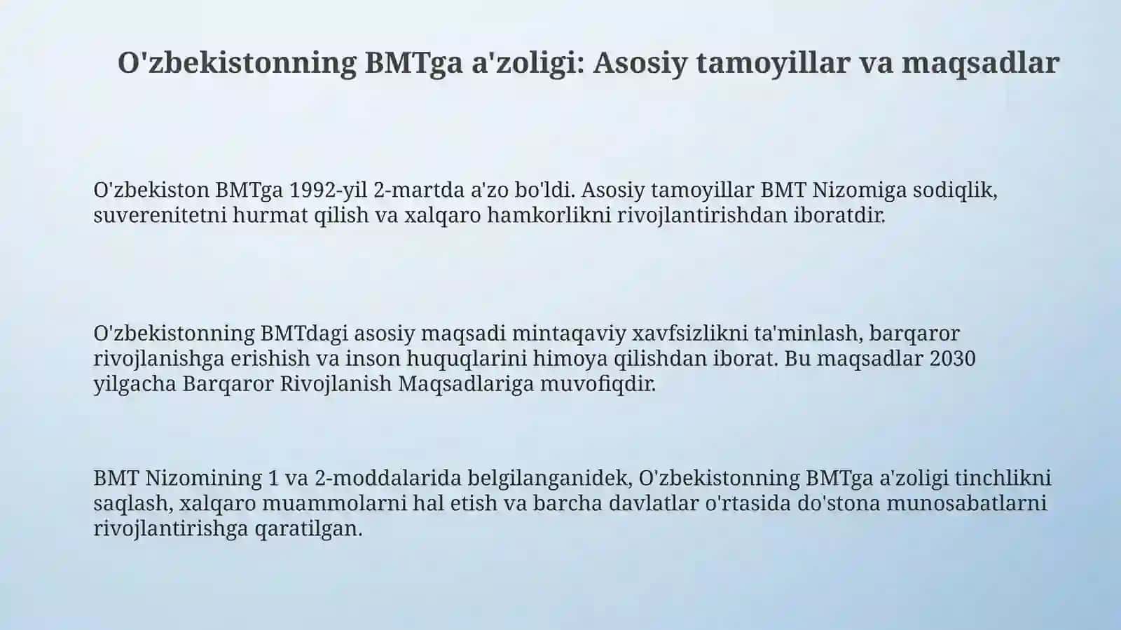 O'zbekistonning BMTga a'zoligi: Asosiy tamoyillar va maqsadlar 3
