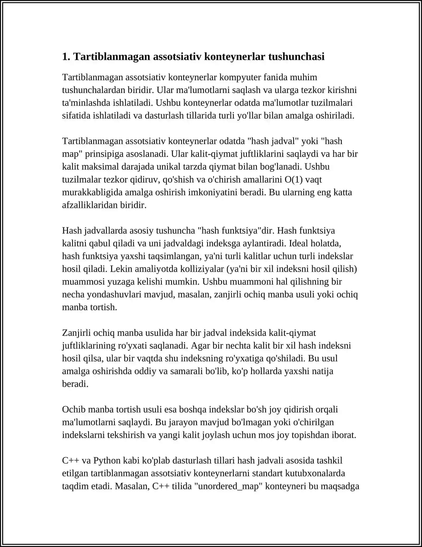 MUSTAQIL ISH Mavzu: TARTIBLANMAGAN ASSOTSIYATIV KONTEYNERLAR (UNORDERED_SET, UNORDERED_MAP, UNORDERED_MULTISET, UNORDERED_MULTIMAP) 3