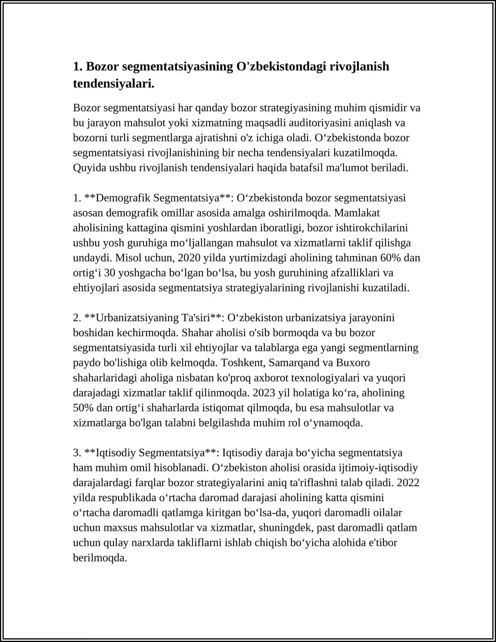 MUSTAQIL ISH Mavzu: BOZOR SIGMENTATSIYASI VA ISTEMOLCHILAR HULQ ATVORINNI O'RGANISH 3