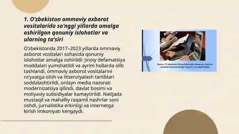 Oʻzbekiston respublikasida ommaviy axborot vositalarining faoliyati (oʻzgarish va muommolar) 3
