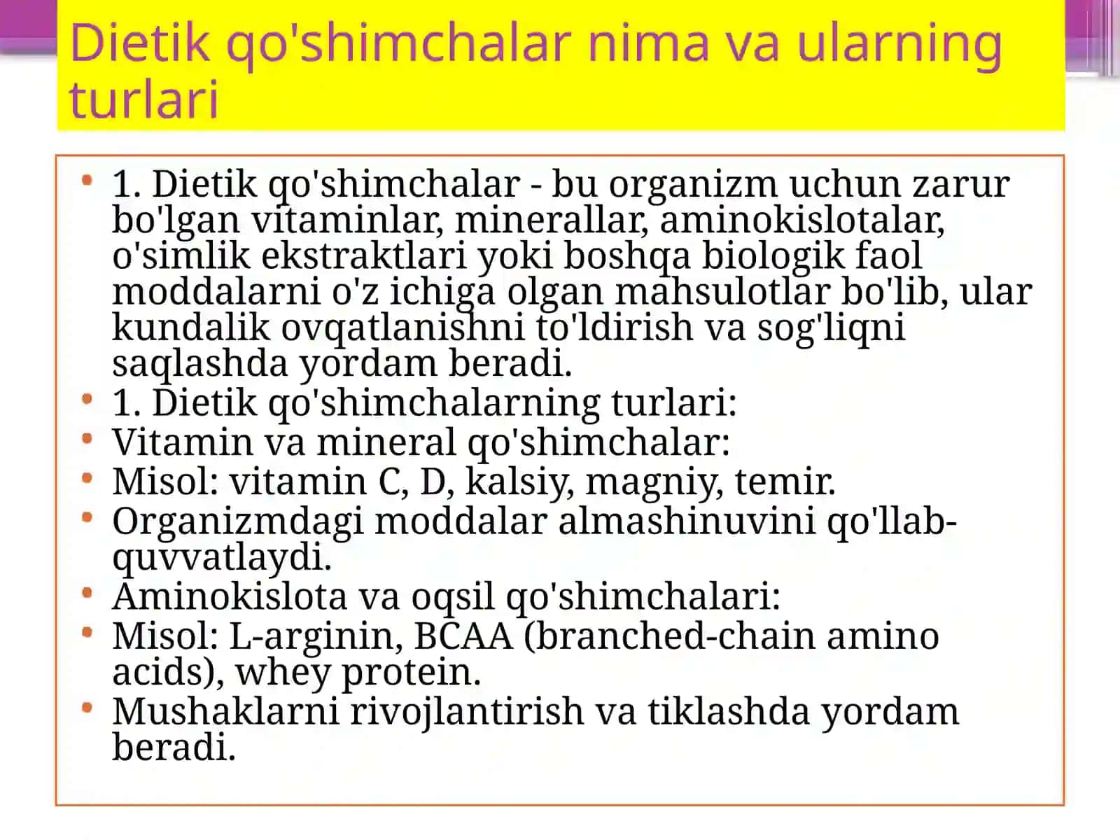 Nutrisiologiyafanidan,:Dietikqôshimchalarfoydasivaxaflari’’mavzusi 3