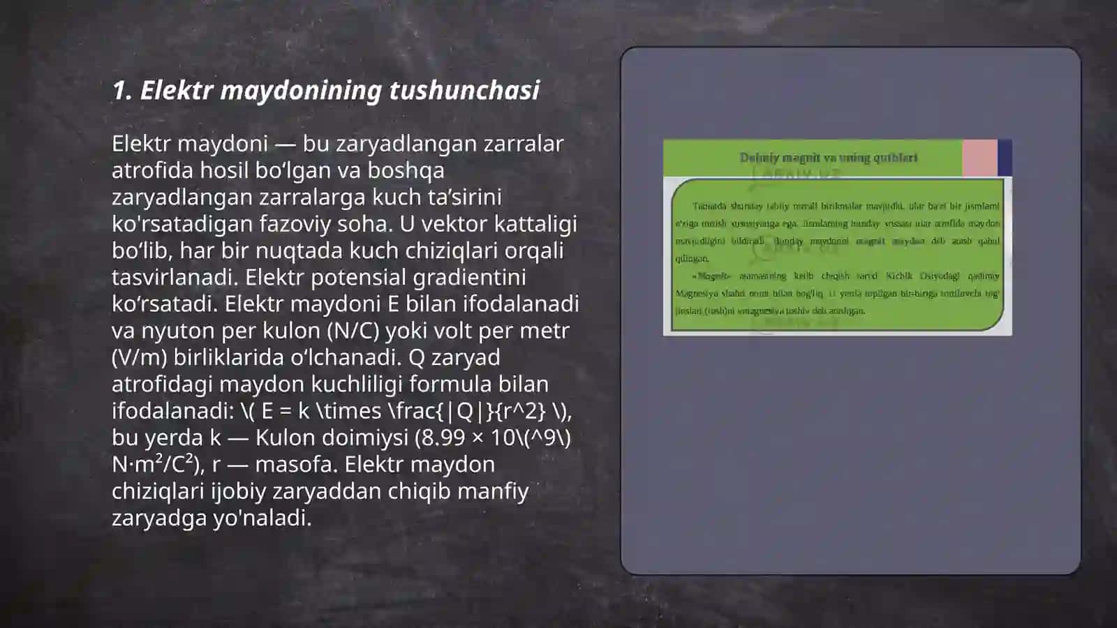 Elektr maydoni, maydon kuchlanganligi va potensiallik 3