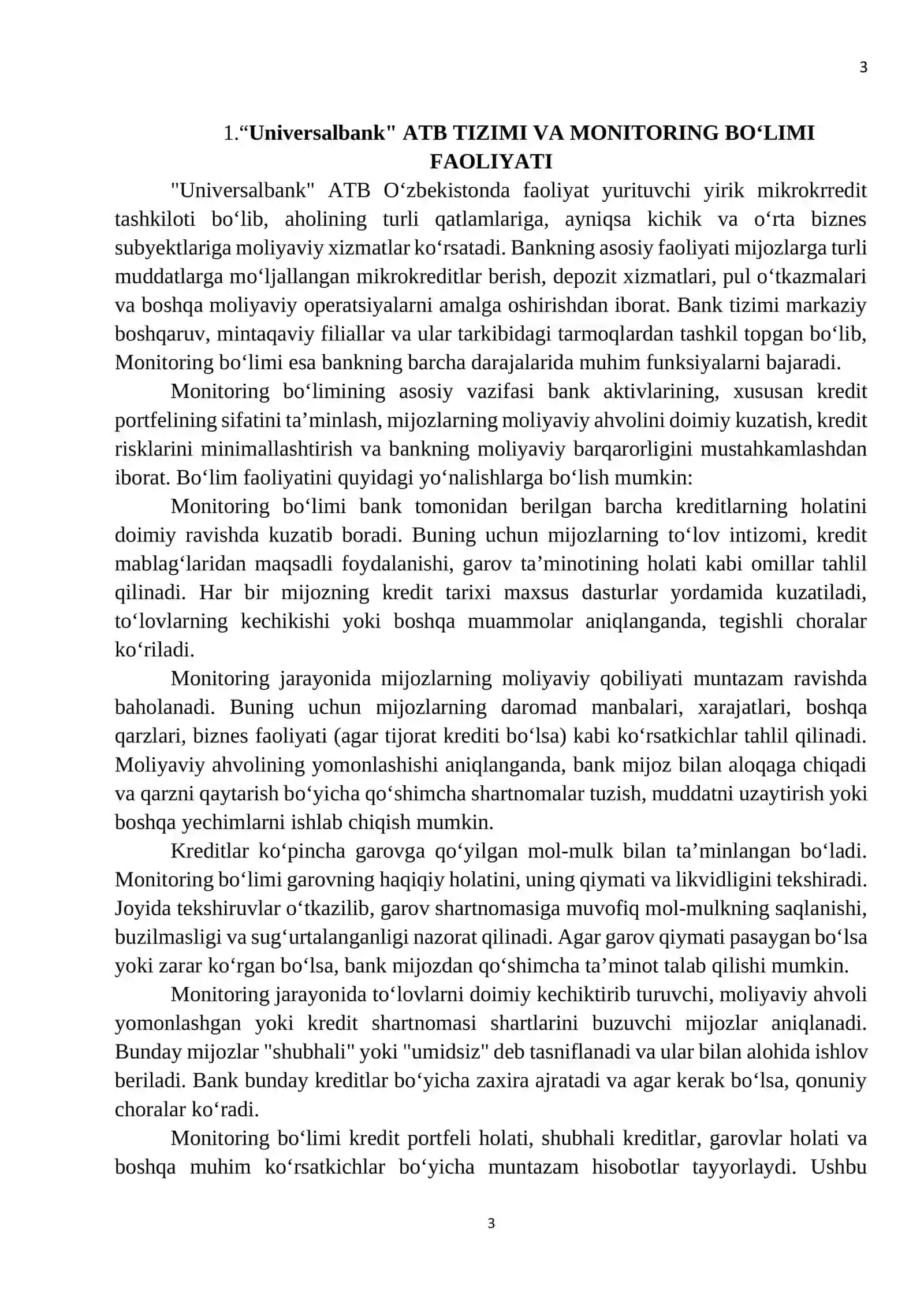 Ushbu amaliyot hisoboti "Universalbank" ATB Qoʻqon shahar filialining Monitoring boʻlimida amaliyot davomida olgan bilim va tajribalarimni 3
