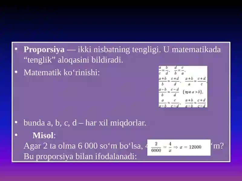 Mavzu:Proporsiya, to‘g‘ri va teskari proporsional miqdorlar. Foiz va murakkab foiz haqida dastlabki tushunchalar. 3
