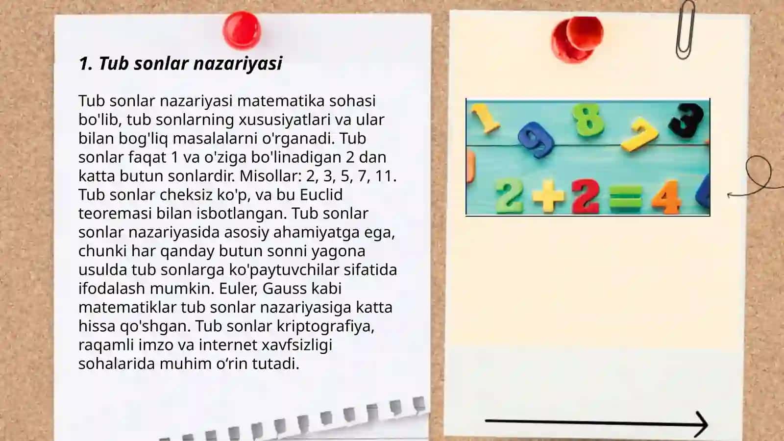 Tub va murakkab sonlar. Eratosfen g'alviri. Tub sonlar to'plamining cheksizligi. Sonlarning eng kichik umumiy karralisi va eng katta umumiy bo'luvchisi. Murakkab songa bo'linish alomati 3