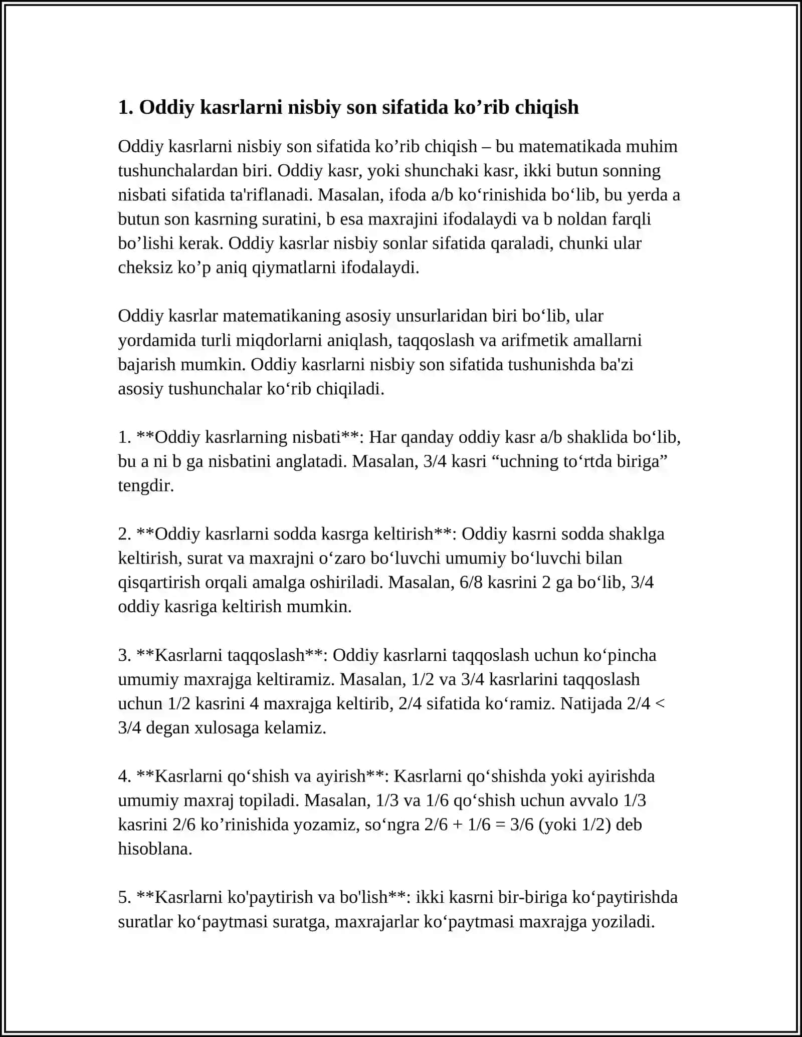 MUSTAQIL ISH Mavzu: ODDI KASRLAR. ÒNLI VA CHEKSIZ DAVRIY ÒNLI KASRLAR. ALGEBRAIC IFODA MISOLLARI BILAN 3