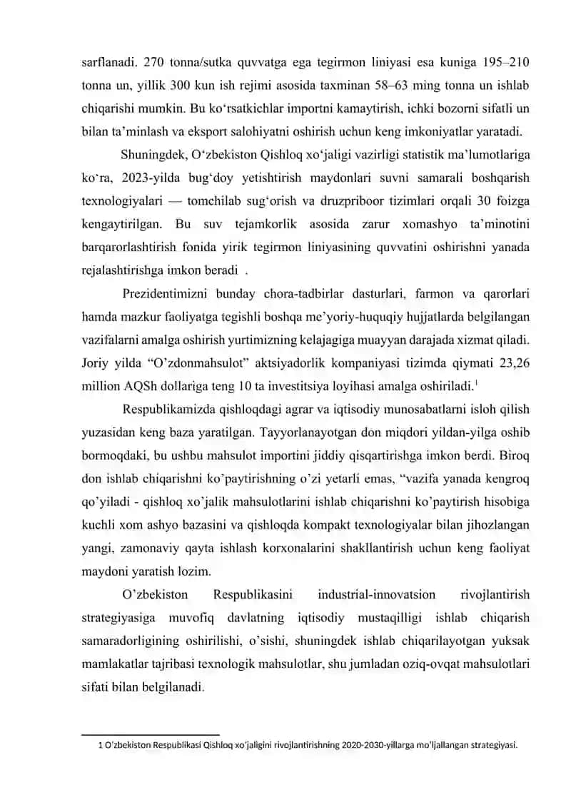 QUVVATI 270 TONNA/SUTKA BO’LGAN TEGIRMONDA 1 NAVLI  75% LI UN ISHLAB CHIQARISH TEXNOLOGIYASINI ISHLAB CHIQISH. 3
