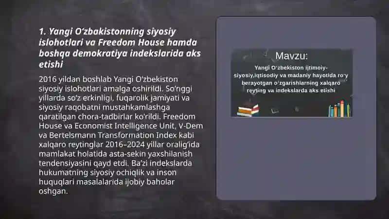 Yangi Oʻzbakistonning ijtimoiy-siyosiy, iqtisodiy va madaniy hayotida roʻy berayotgan oʻzgarishlarning xalqaro reyting va indekslarda aks etilishi 3
