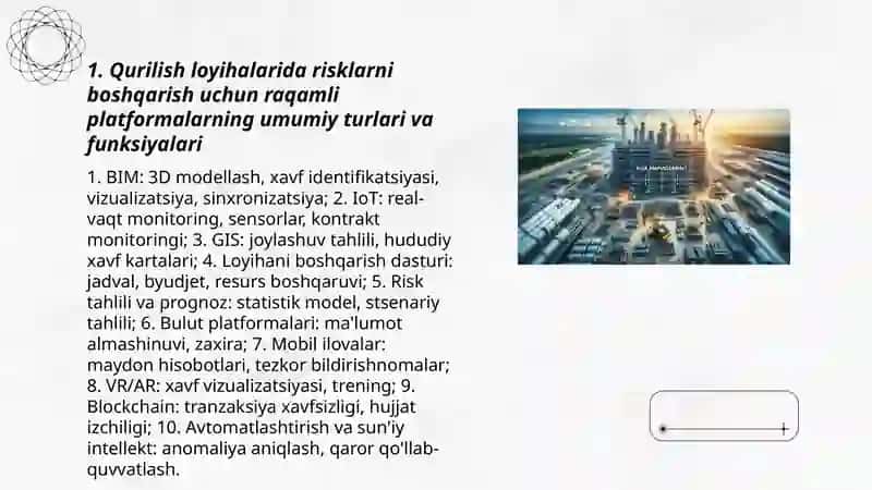 Qurilish loyihalarida risklarni boshqarishning raqamli platformalari va ularning samaradorligi 3