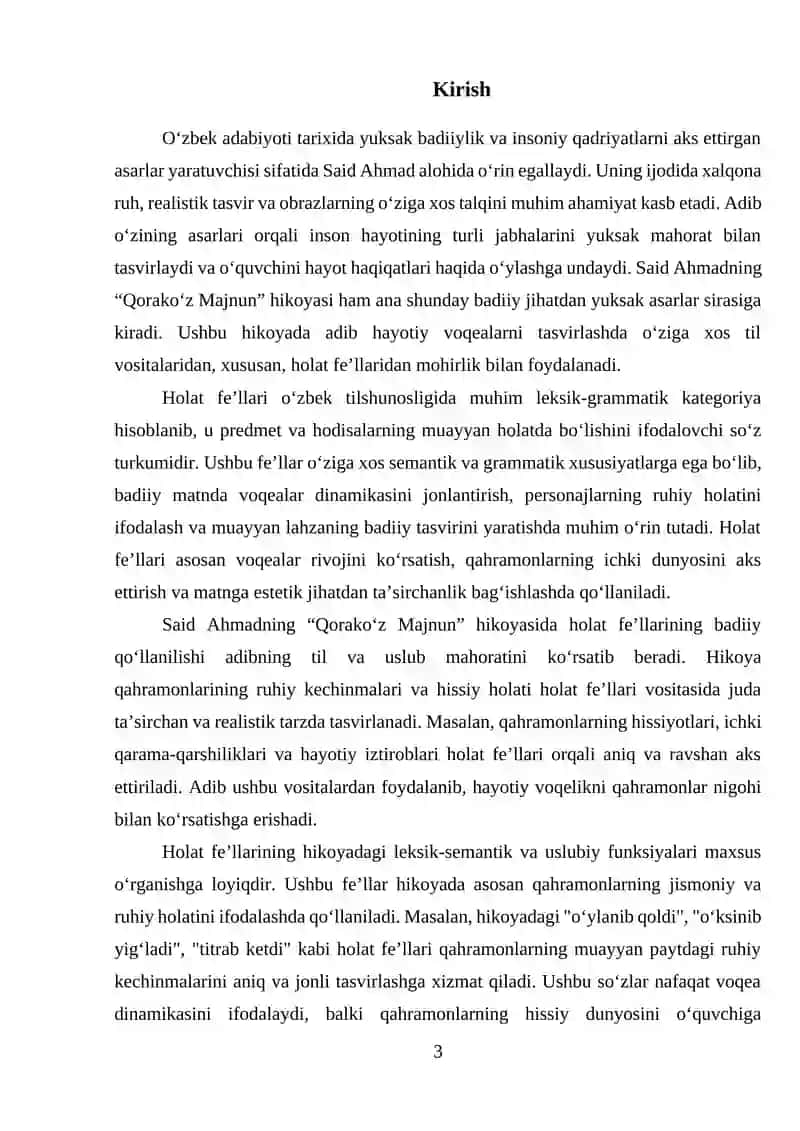 MAVZU: Said Ahmadning "Qorakoʻz Majnun" hikoyasida qoʻllangan holat feʼllari 3