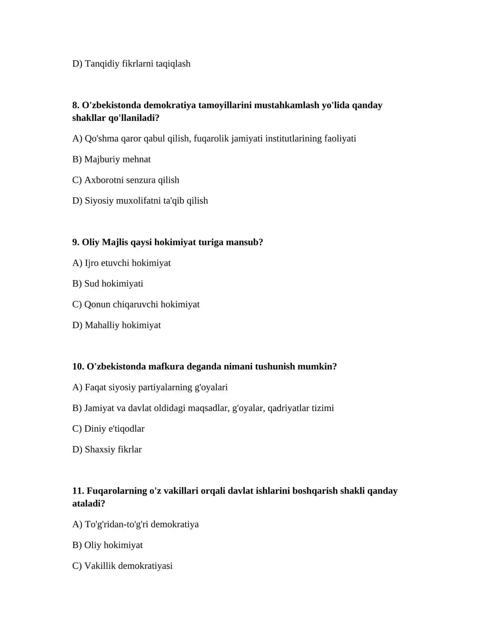 O‘zbekiston xalqi. Aholining jamiyat va davlat hayotida ishtirok etishi. Xalq nomidan ish olib borish. O‘zbekistonda demokratiya tamoyillari va shakllari 3