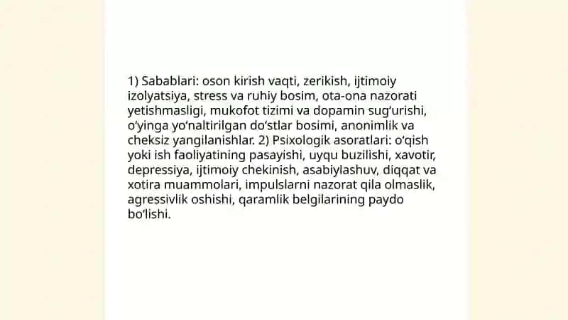 O'yinlarga bog'lanish (virtual qullik) sabablari va psixologik asoratlari 3