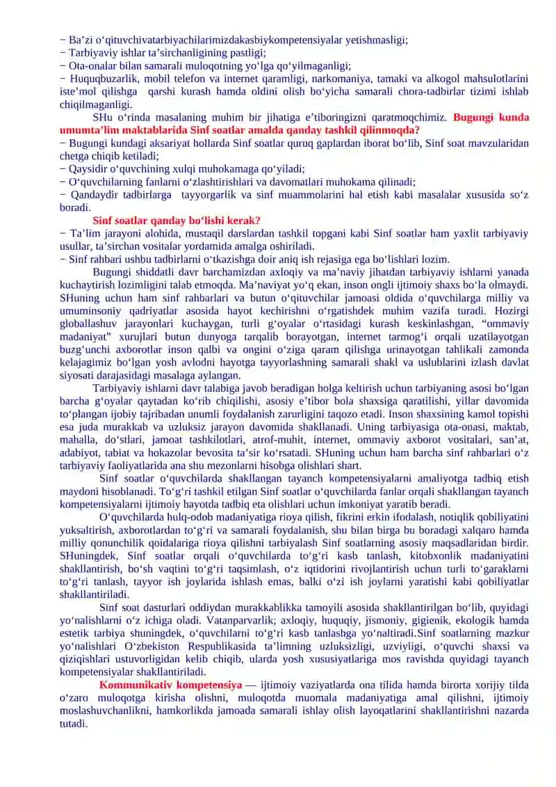 1-sinflar uchun Sinf soati Yillik ish rejasi 3
