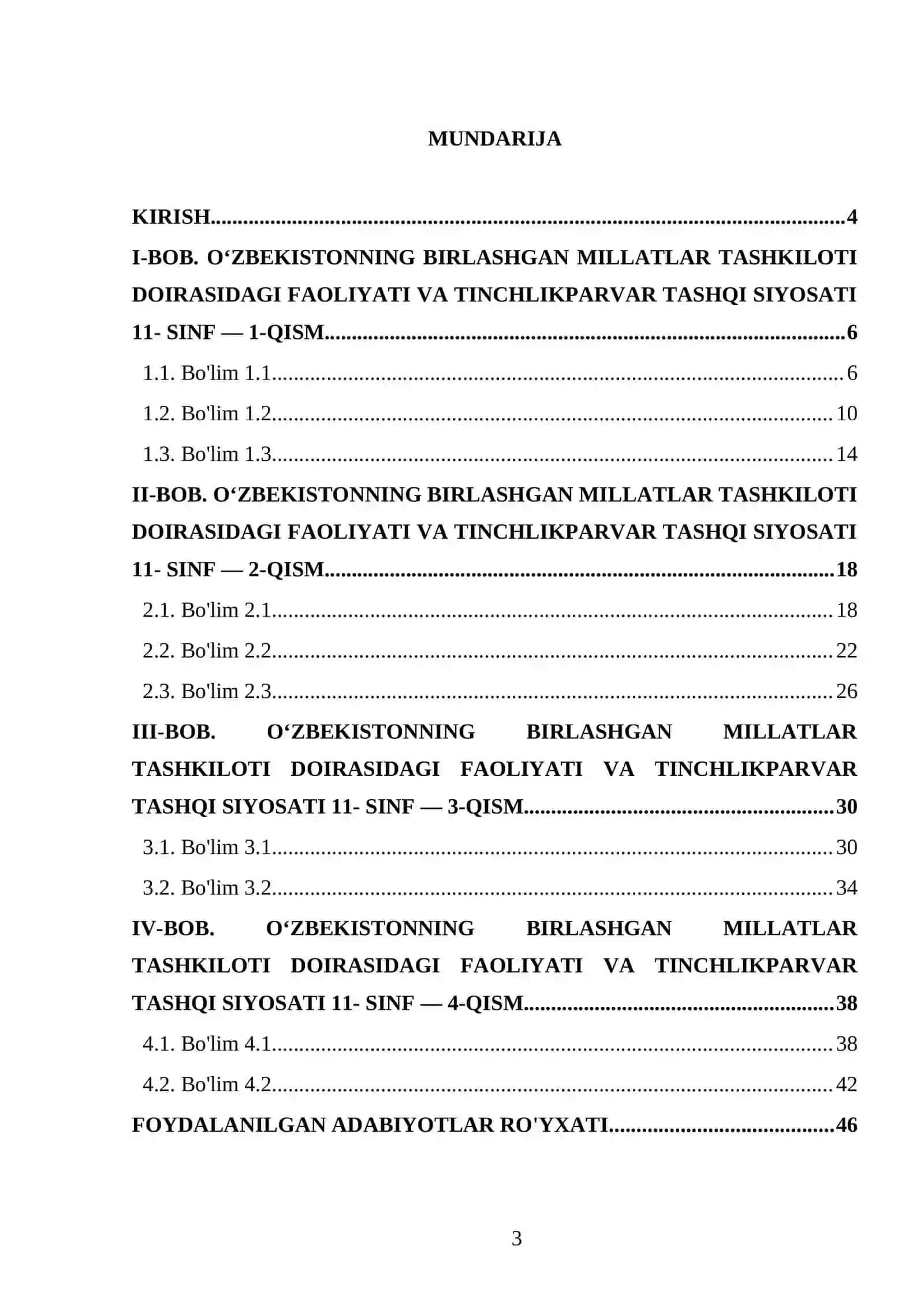 O‘ZBEKISTONNING BIRLASHGAN MILLATLAR TASHKILOTI DOIRASIDAGI FAOLIYATI VA TINCHLIKPARVAR TASHQI SIYOSATI 11- SINF 3