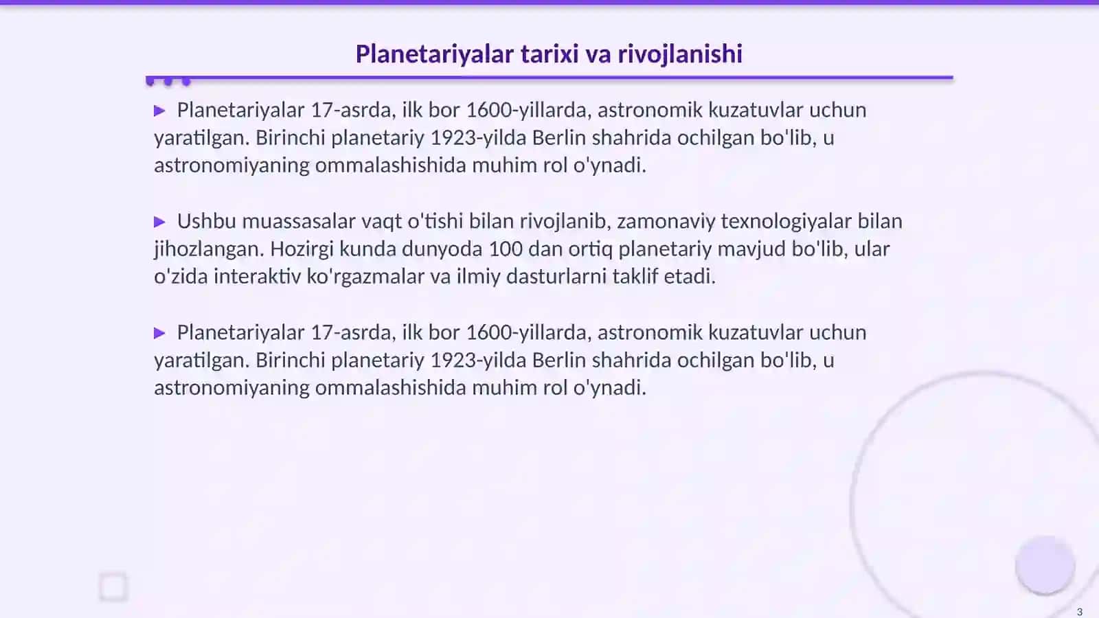 Planetariyalar va ommaviy observatoriyalar 3