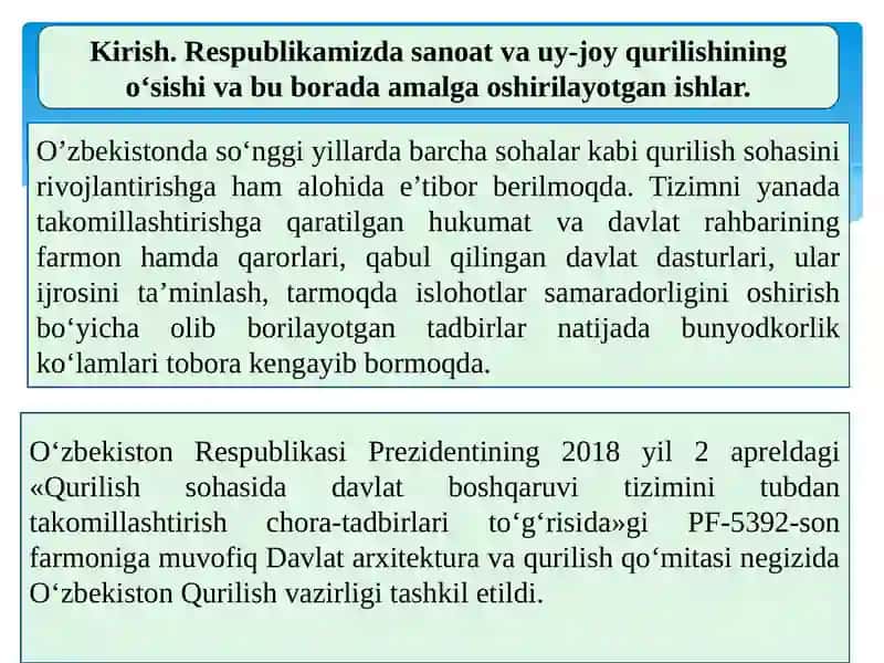 Kirish.Respublikamizdasanoatvauy-joyqurilishiningo‘sishivabuboradaamalgaoshirilayotganishlar 3