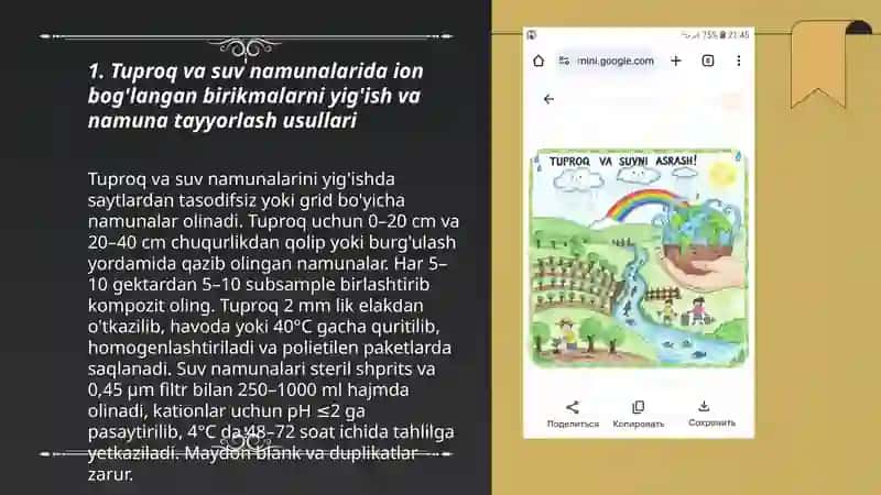 Tuproq va suvning ifloslanishida ion boğlanishli brikmalarini aniqlash 3