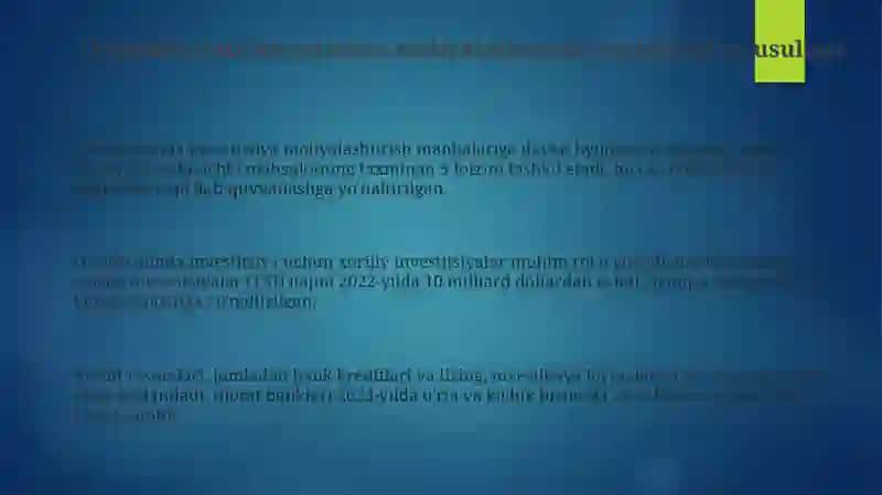 Oʻzbekistondainvestitsiyalarningmoliyalashtirishmanbalarivausullari 3