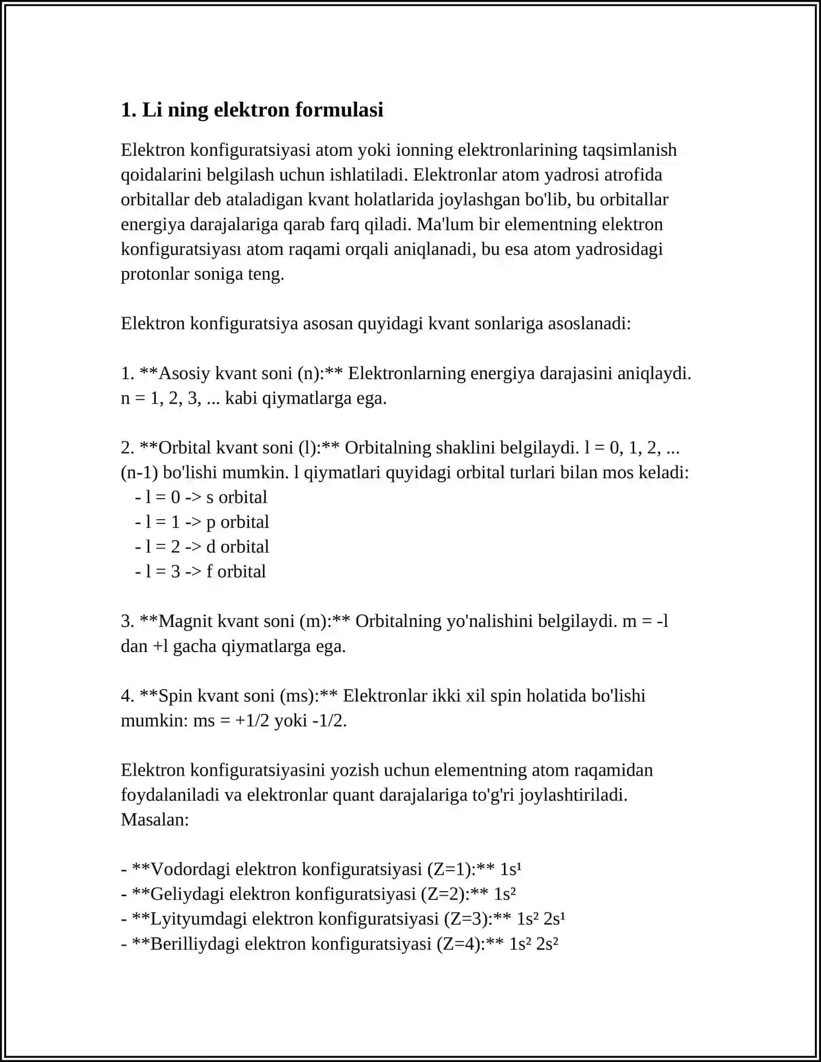 LI NING ELEKTRON FORMULASI, TABIATDA UCHRASHI, OLINISHI, FIZIK VA KIMYOVIY HOSSALARI. GIDRIDLAR, OKSIDLAR, PEROKSIDLAR, GIDROKSIDLAR, NITRIDLAR, SULFIDLAR VA ASOSIY BIRIKMALARNING HOSSALARI, OLINISHI VA ISHLATILISHI 3