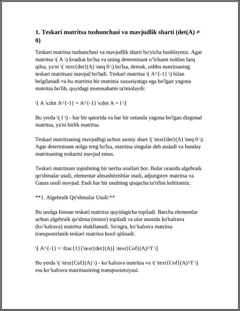TESKARI MATRITSA VA UNI TOPISH USULLARI (ALGEBRAIK QOʻSHMALAR, ELEMENTAR ALMASHTIRISHLAR, ADJUNGIROV MATRITSA, GAUSS USULI) 3