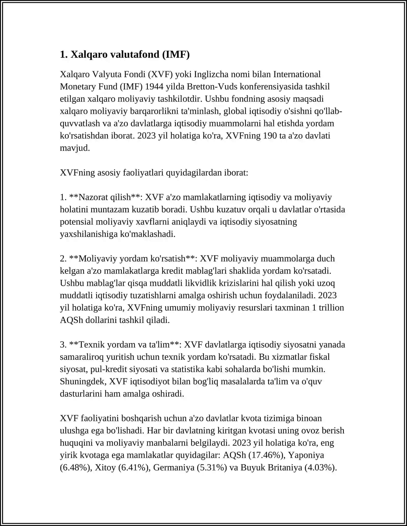 MUSTAQIL ISH Mavzu: XALQARO MOLIYA TASHKILOTLARI VA MOLIYAVIY INSTITUTLAR 3