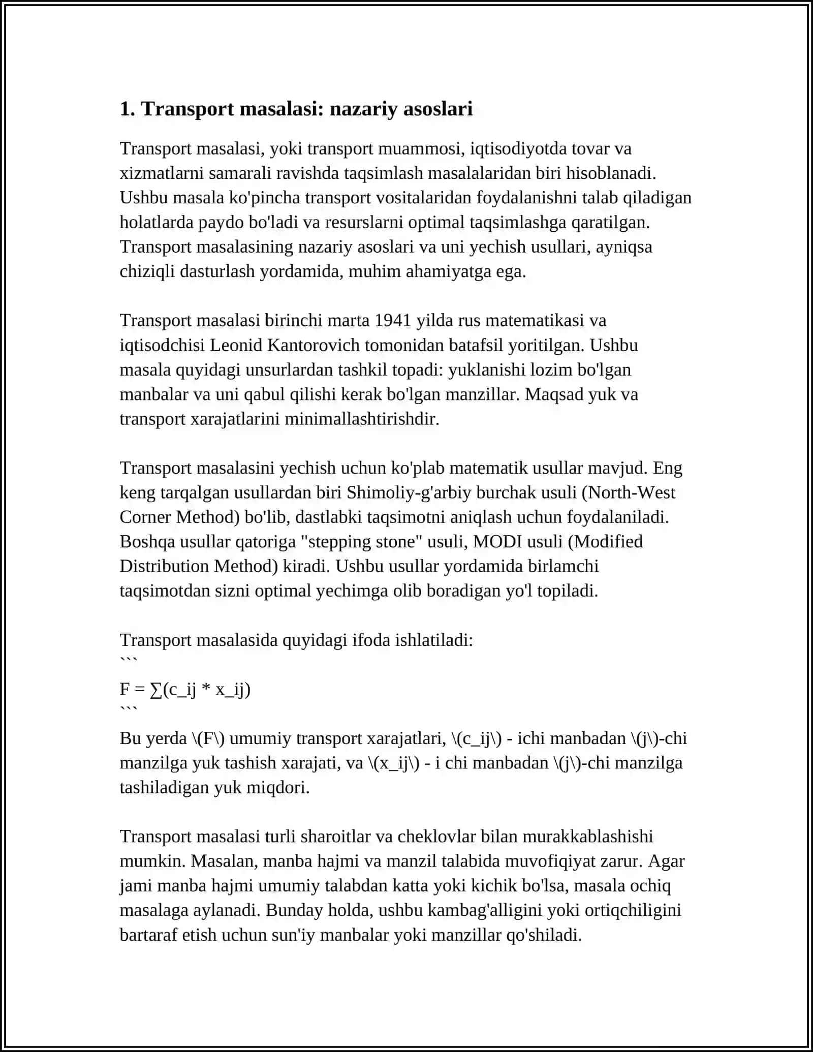 MUSTAQIL ISH Mavzu: TRANSPORT MASALASINING QO’YILISHI VA YECHISHNING USULLARIGA DOIR TADQIQOT ISHINI 3