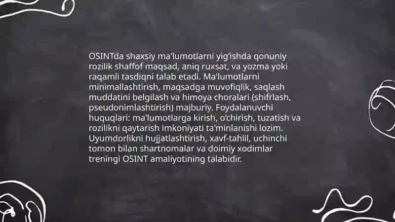 kengaytirilgan vertikatsiya va osint ochiq manbalarni qolash jarayonidagi huquqiy va axloqiy masalalarni organishga bagishlangan bu mavzu 3