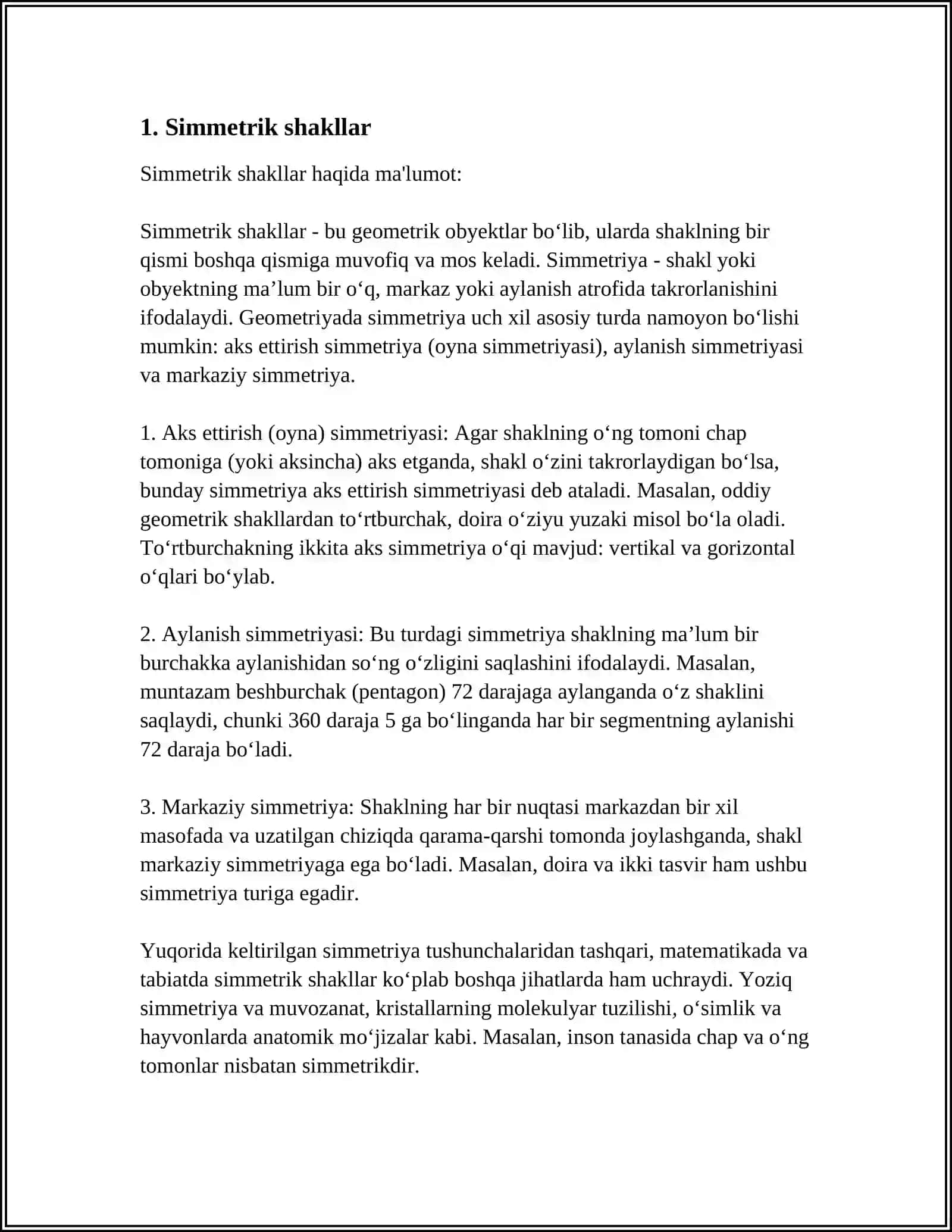 SIMMETRIK SHAKLLAR. SIMMETRIYA OʻQLARNI TOPISH.KOʻPYOQ MODELLARI VA ULARNING ELEMENTLARI 3