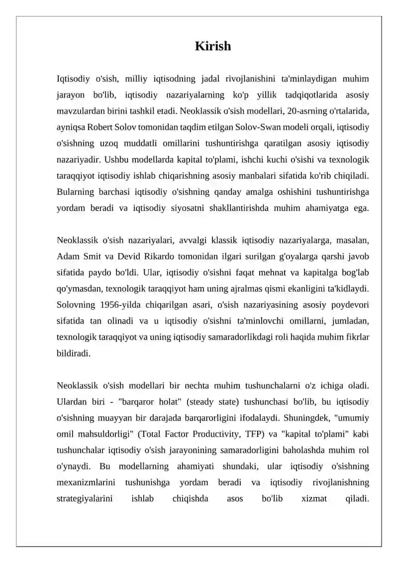 IQTISOD FAKULTETI: MUSTAQIL ISH IQTISODIY O'SISHNING NEOKLASSIK MODELLARI 3