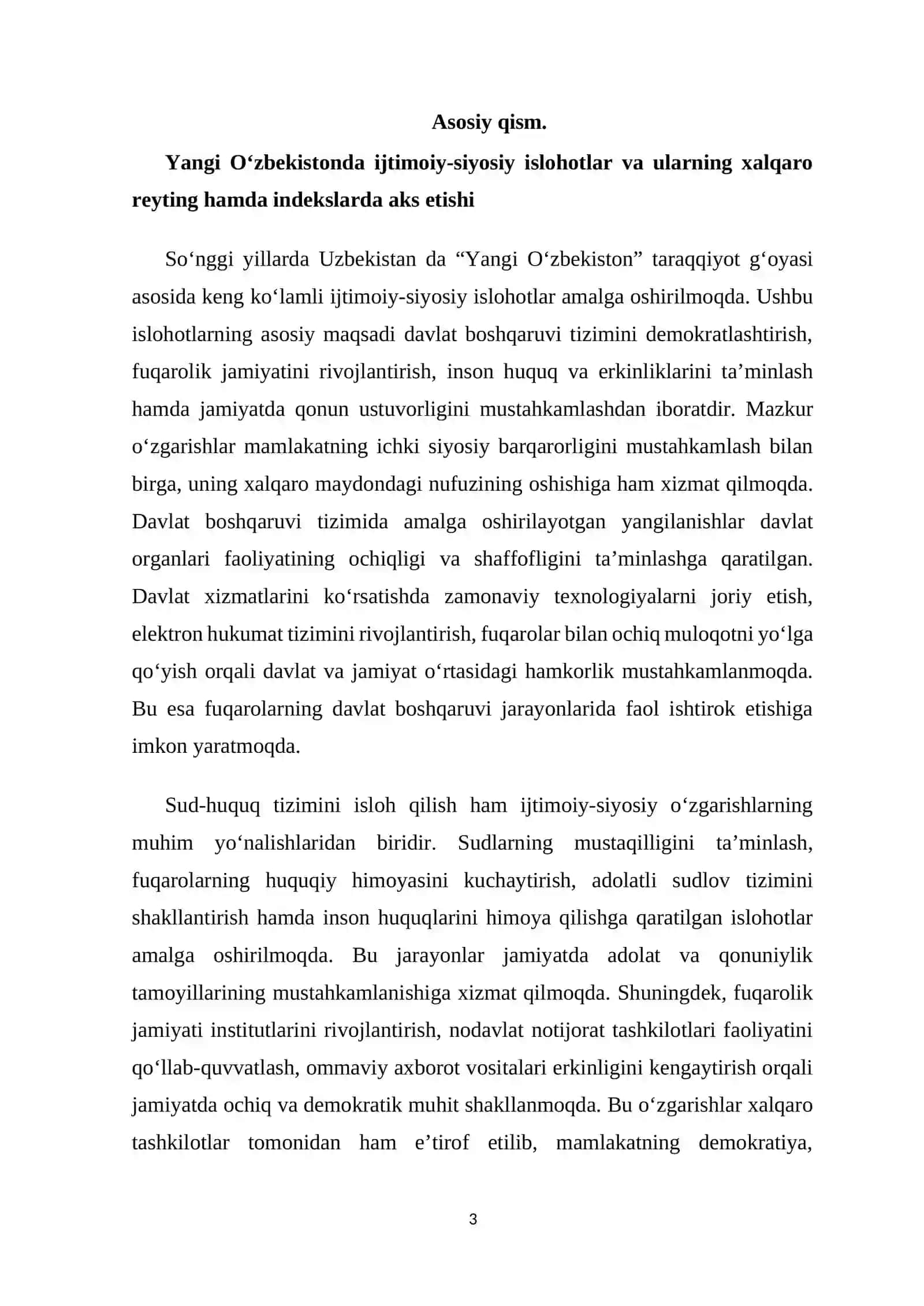 Yangi O'zbekiston ijtimoiy-siyosiy, iqtisodiy va madaniy hayotida ro'y berayotgan o'zgarishlarning xalqaro reyting va indekslarda aks etishi. 3