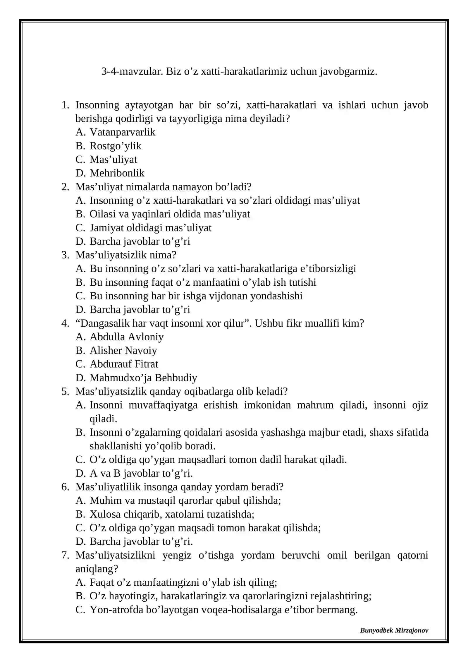 5-sinf “Tarbiya” darsligidan mavzulashtirilgan testlar. 1-2-mavzu. Vatanga muhabbat 3