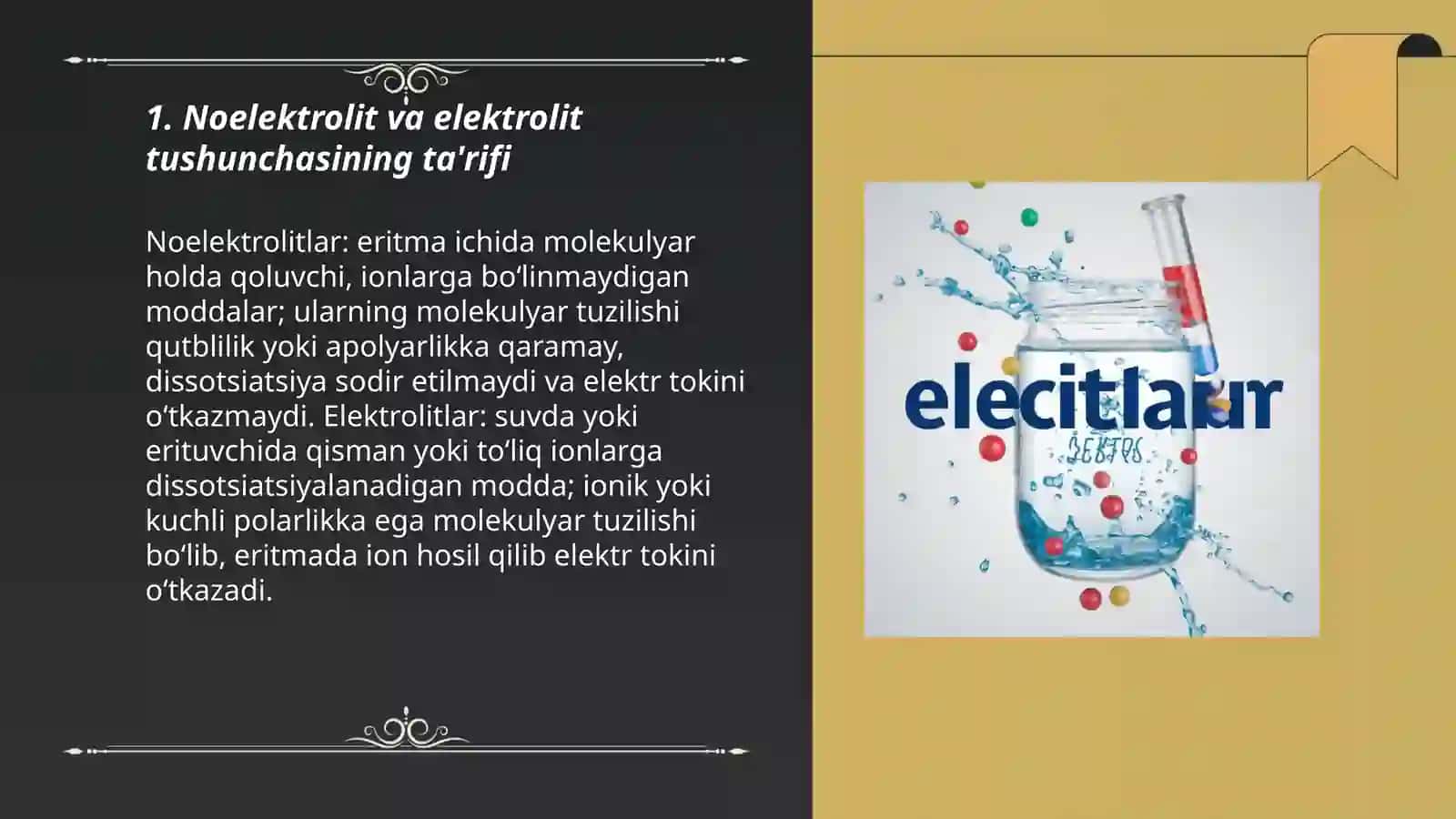 Noelektrolit va elektrolit eritmalarning asosiy farqlarini taqqoslang (molekulyar tuzilishi, dissotsiatsiya darajasi, eritmada tutgan roli) 3